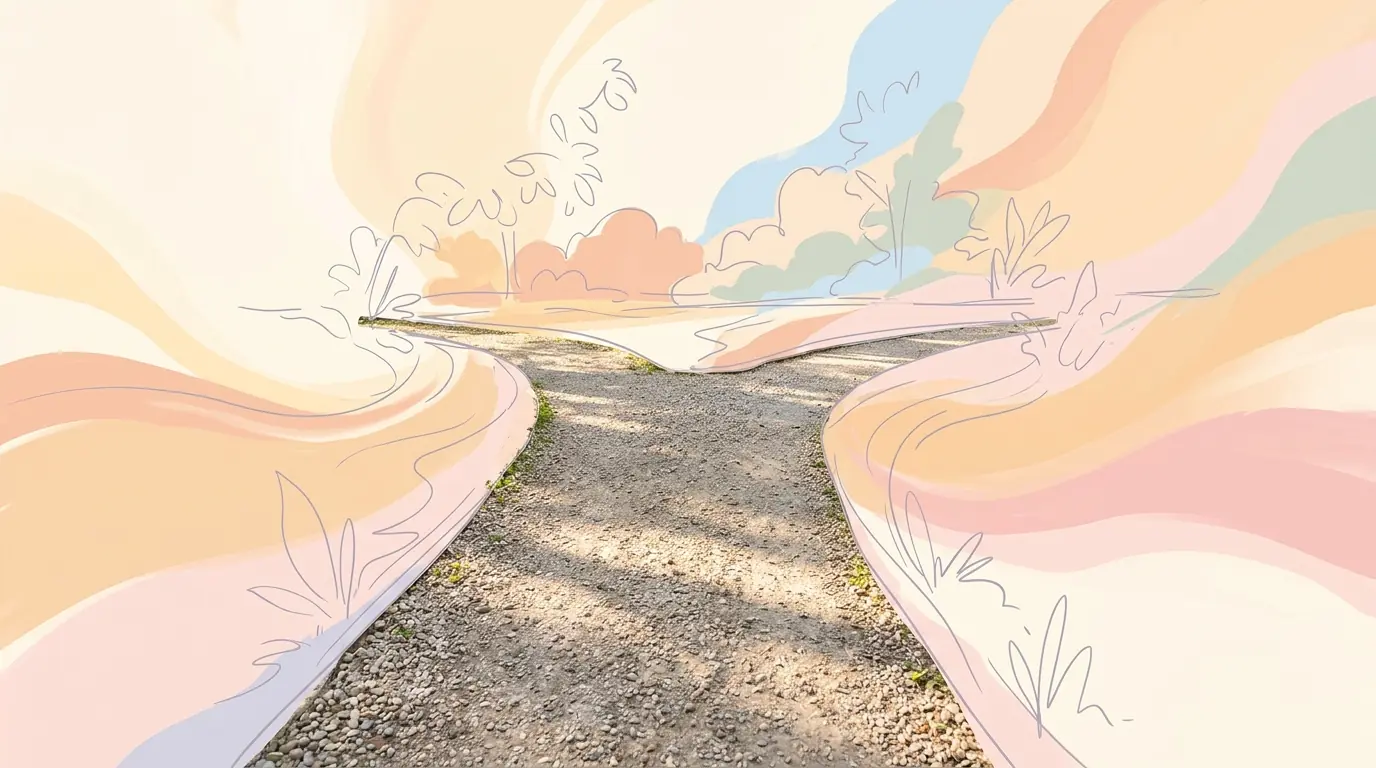 A gravel walking path splitting into two directions in a sunlit park