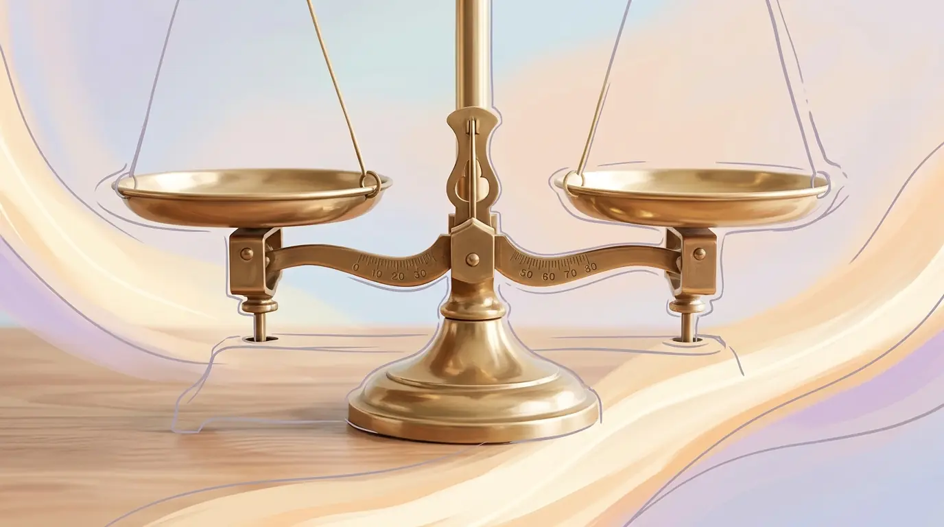 Close up of a brass balance scale with both pans level on a wooden desk
