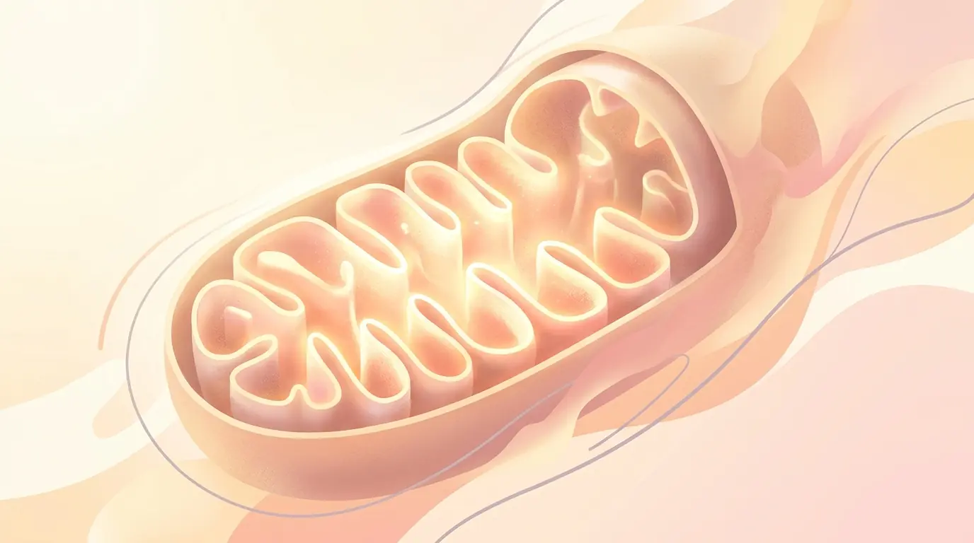 Close up of mitochondria with glowing inner folds generating energy