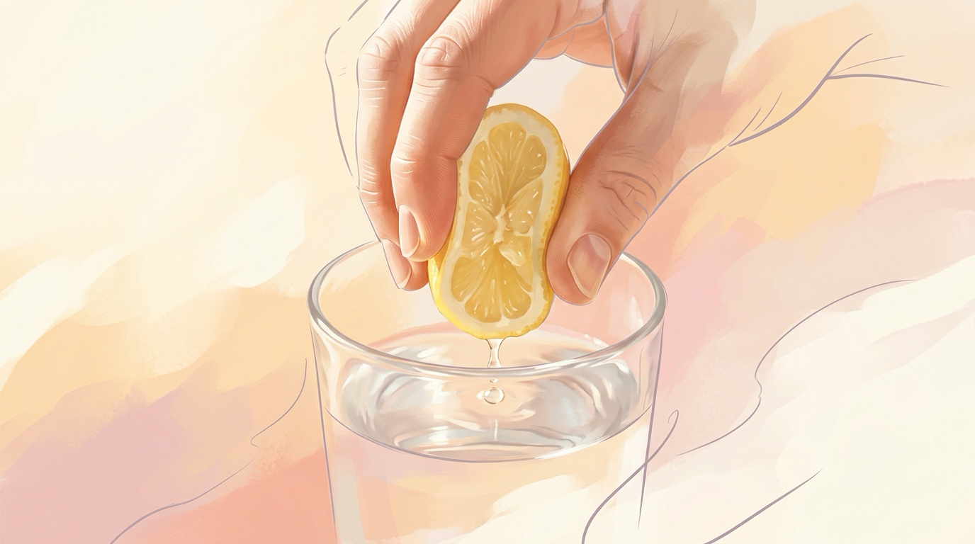 Slice of fresh lemon being squeezed into a clear glass of water