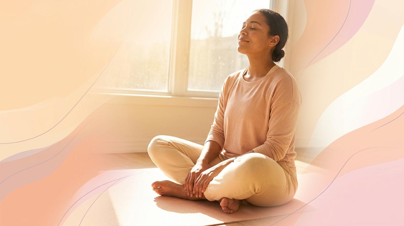 A person sitting cross legged on a yoga mat taking a deep breath in front of a sunny window