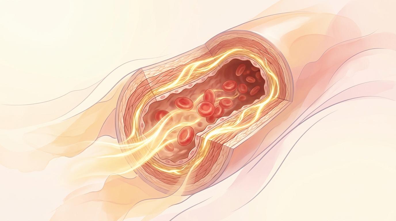 Close up cross section of an artery with luminous golden energy flowing through its walls